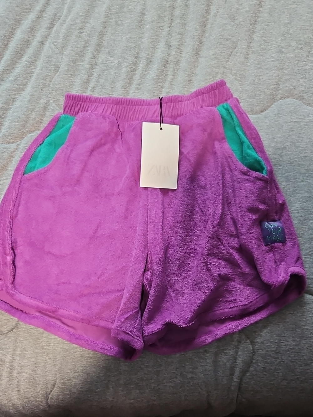 Zara Purple-Pink Terry Athletic Shorts with Green Pocket Trim